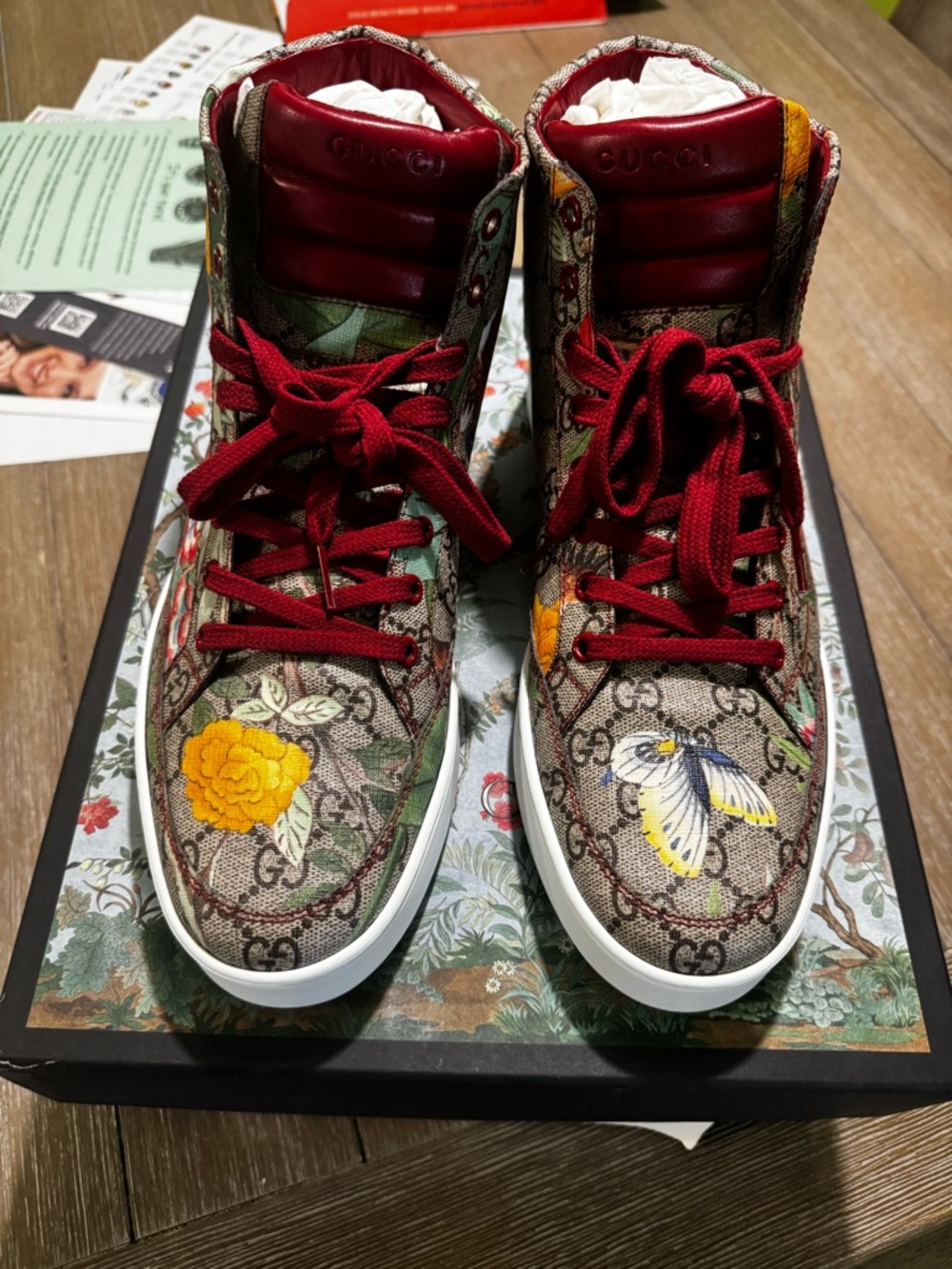 Gucci Tian GG Supreme Floral High Top Sneakers Size 10 (US) Red Lace AUTHENTIC - Picture 3 of 14